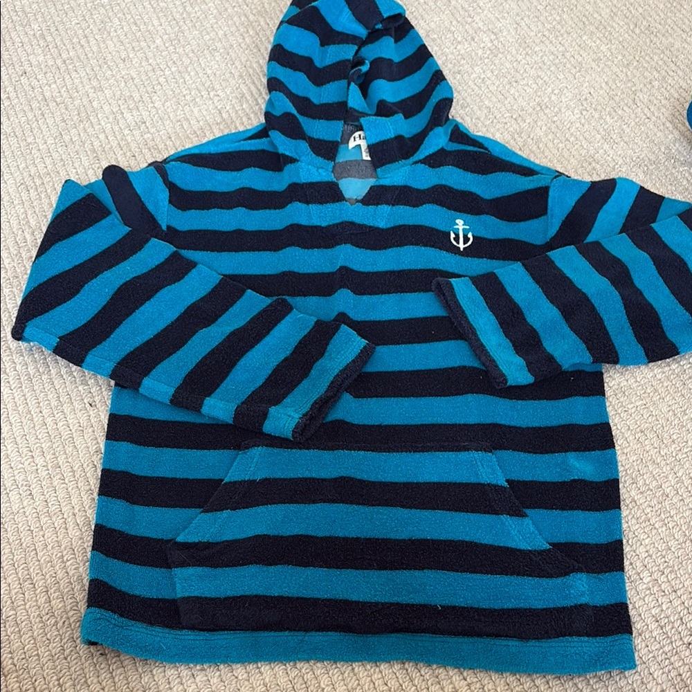 Hatley Boys Striped Hooded Terry Pullover with Anchor Detail - Teal & Navy